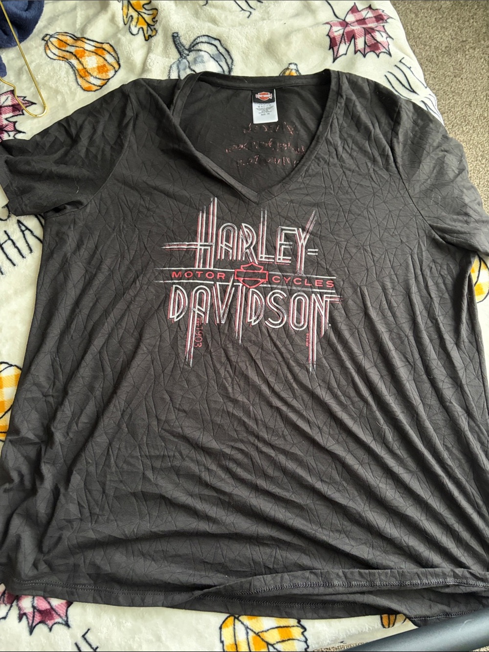 Harley-Davidson Black V-Neck Short Sleeve Logo Tee with Pink Accent